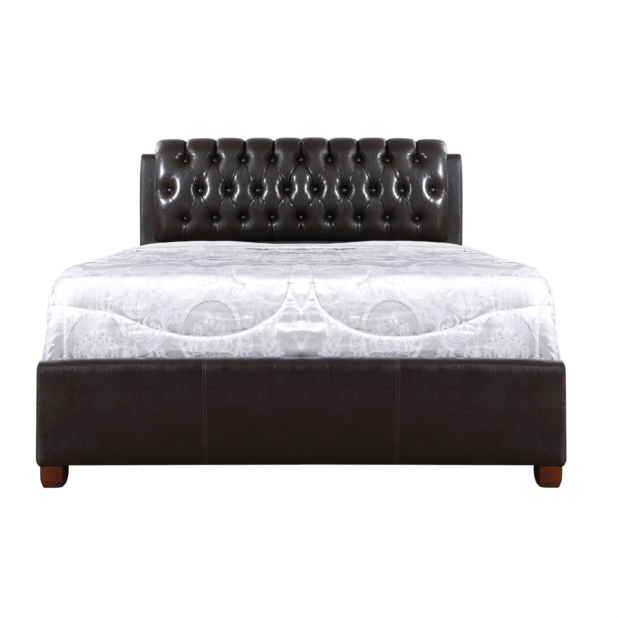 Regal King Size Dark Brown Faux Leather Upholstered Bed with Tufted Headboard