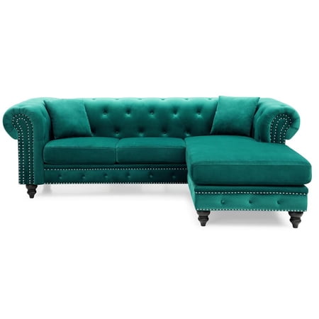 Nola 98 in. Green 3-Seater Velvet Sofa with 2-Throw Pillow