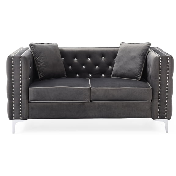 Passion Furniture Paige 86 in. Gray Velvet 3-Seater Sofa with 2-Throw Pillow