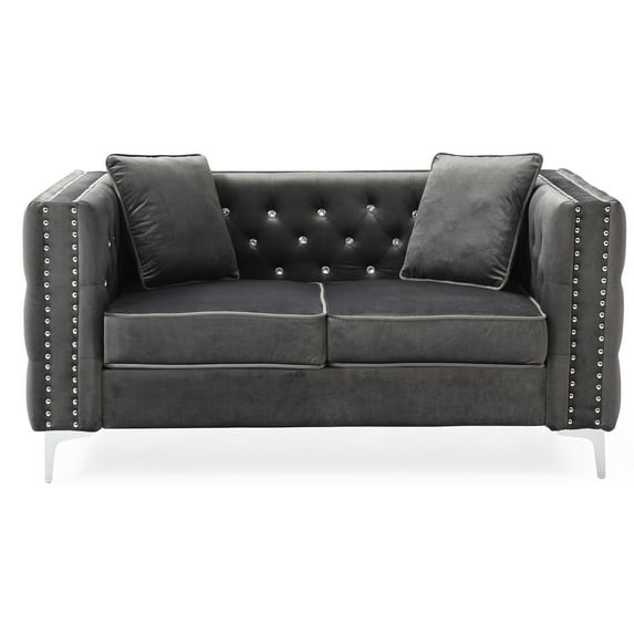 Passion Furniture Paige 86 in. Gray Velvet 3-Seater Sofa with 2-Throw Pillow