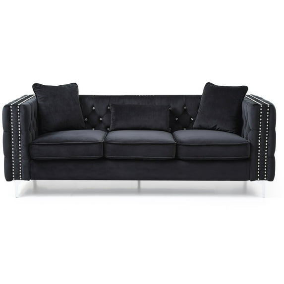 Paige 86 in. Black Tufted Velvet 3-Seater Sofa with 2-Throw Pillow