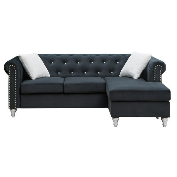 Passion Furniture PF-G863B-SCH 82 in. Raisa Velvet 3-Seater Sofa with 2-Throw Pillow, Black