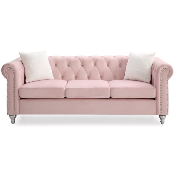 Raisa 83 in. Pink Velvet 3-Seater Sofa with 2-Throw Pillow