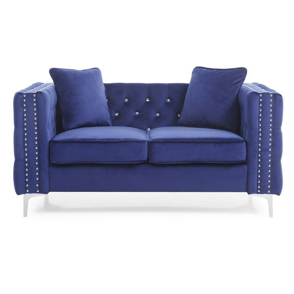 Passion Furniture Paige 63 in. Blue Tufted Velvet Loveseat With 2-Throw Pillows