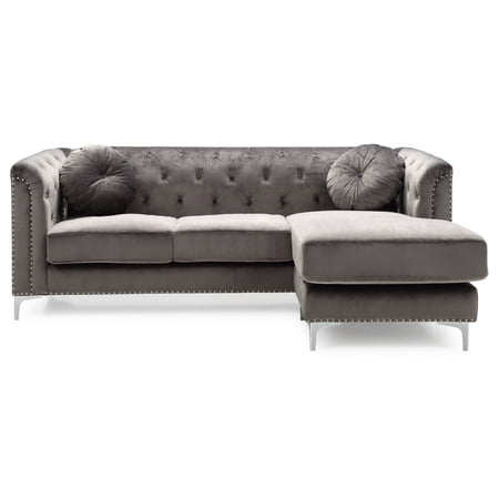 Passion Furniture Pompano 83 in. Dark Gray Tufted Velvet Sectional with 2-Throw Pillow