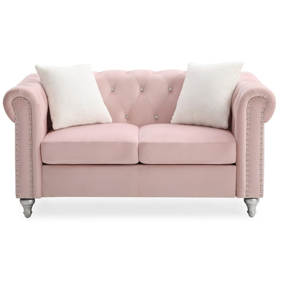 Raisa 60" Pink Velvet 2-Seater Sofa with 2-Throw Pillow