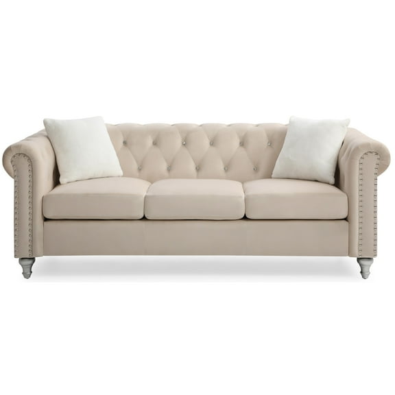 Raisa 83 in. Beige Velvet 3-Seater Sofa with 2-Throw Pillow