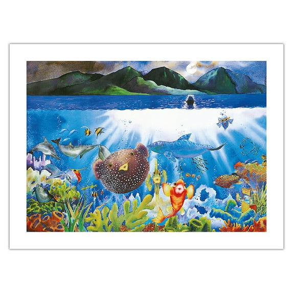 Passion Moon - Hawaiian Puffer Fish (‘o’opu hue) - From an Original Hawaii Watercolor Painting by Peggy Chun - Fine Art Matte Paper Print (Unframed) 24x32in