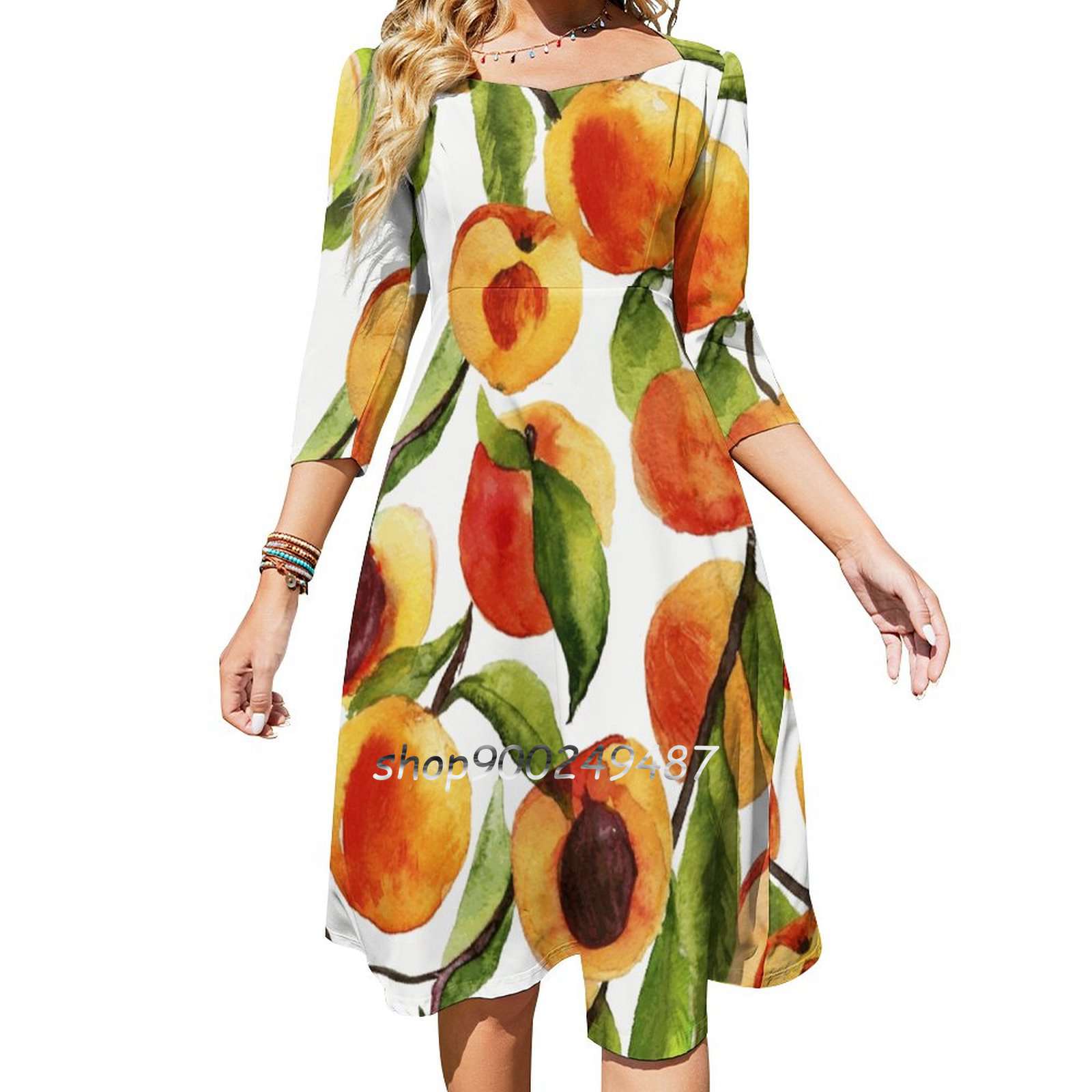 Women's Peach Square Neck Floral Printed Crepe Fit & Flare Dress