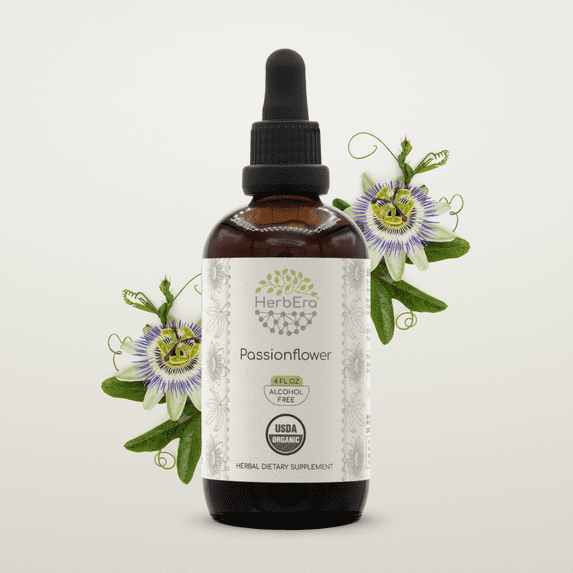 HerbEra Passionflower Tincture, Organic Herbal Dietary Supplement for Calming Support, Certified Organic Passionflower (Passiflora incarnata) Dried Herb Extract, Natural, Alcohol-Free, Drops 4 oz