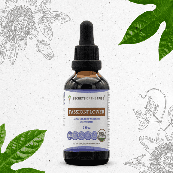 Secrets Of The Tribe Passionflower Organic Dietary Supplement, Natural Herbal Tincture for Calming Support, Certified Organic Passionflower (Passiflora incarnata) Dried Herb Alcohol-Free Extract 2 oz