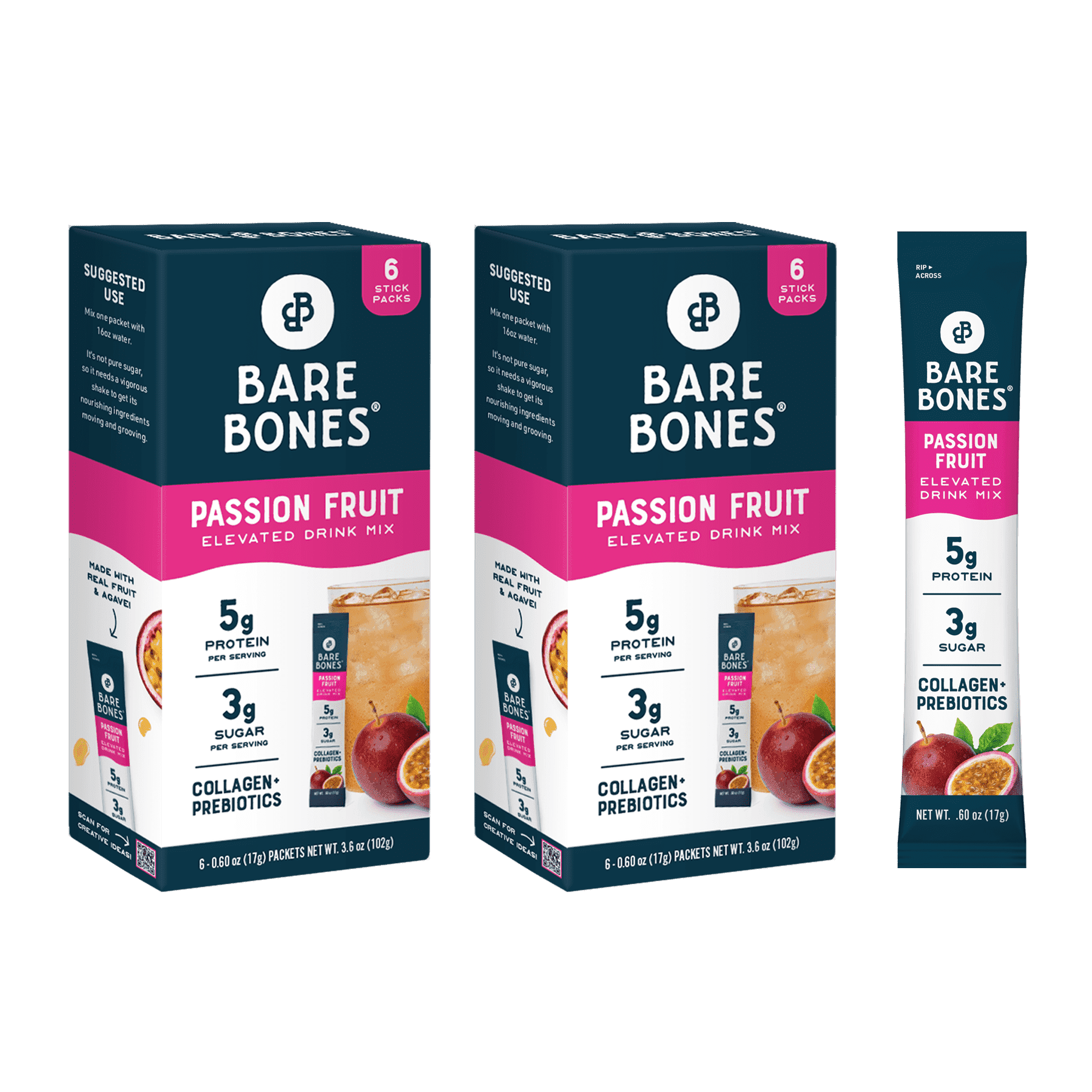 Bare Bones Elevated Drink Mix Passion Fruit - 5g Collagen/Protein - 2 packs of 6