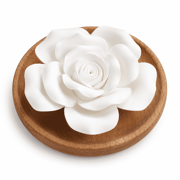 Passive Essential Oil Diffuser, Ceramic Flower Diffuser for Essential Oils, Non Electric Waterless Aromatherapy Diffuser with Wooden Tray for Desk, Office, Bedroom, Bathroom, Home Decor Gift