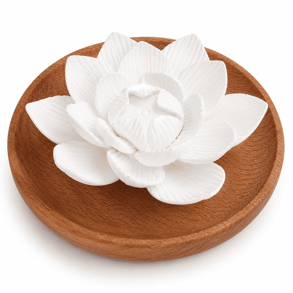 Passive Essential Oil Diffuser, Ceramic Flower Diffuser for Essential Oils, Non Electric Waterless Aromatherapy Diffuser with Wooden Tray for Desk, Office, Bedroom, Bathroom, Home Decor Gift