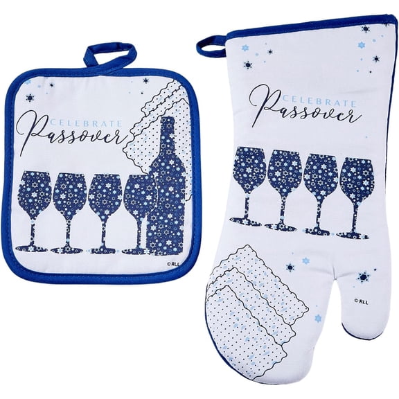 Passover Hostess Gift Oven Mitt & Pot Holder 2 Piece Set by - Stylish & Elegant Jewish Holiday Party Decorations Pesach Haggadah Matzah Hostess Kitchen Table Cooking Kitchen Accessories