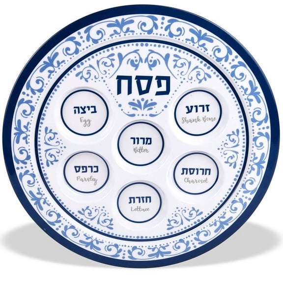 Passover Seder Plates 12" Melamine - 6 Section Plate Marked with Symbolic Pesach Seder Foods Passover Seder Tray by Zion Judaica - Blue Renaissance Single