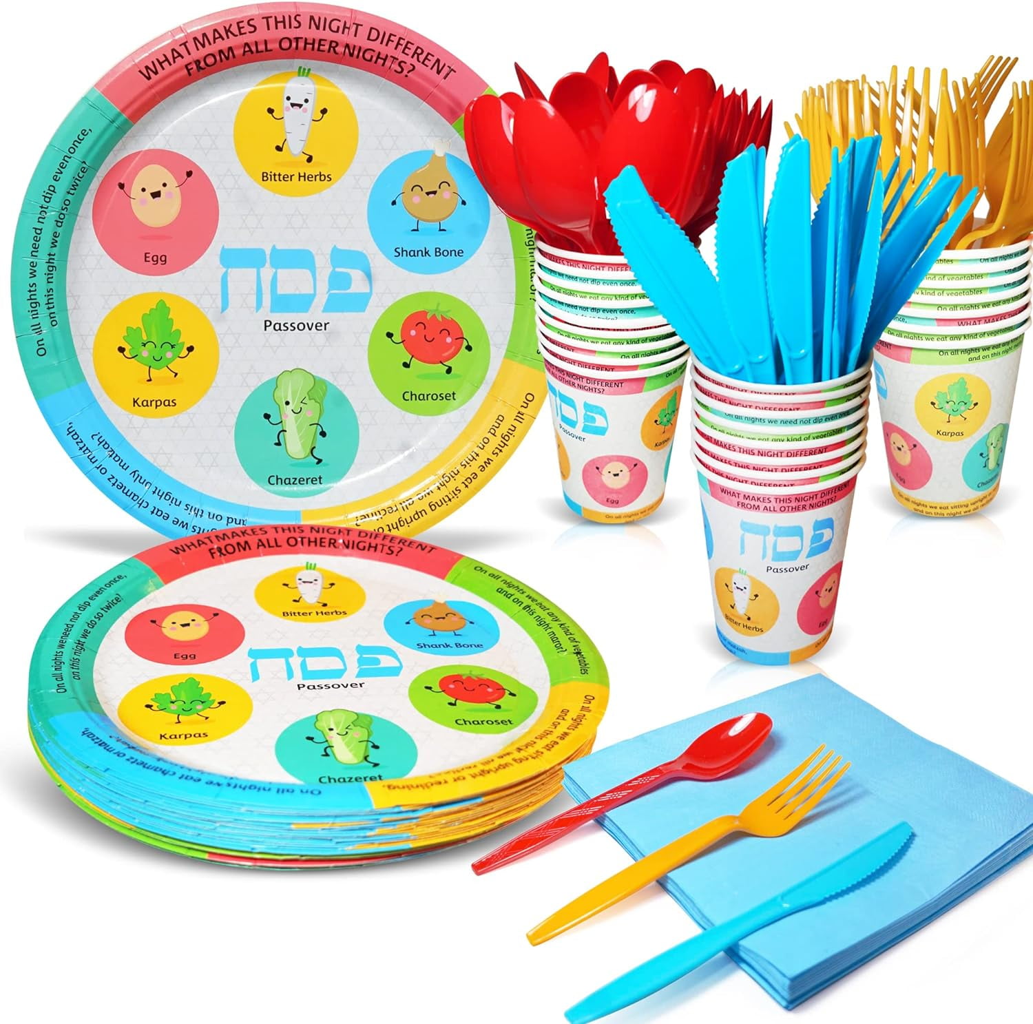 Passover Seder Table Decoration Set (144 Pieces) Disposable Seder Plates