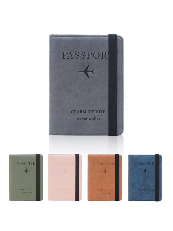 Passport Book Holder Cover Case with Elastic Strap, PU Leather RFID Blocking Document Organizer Protector, Travel Wallet Combo Women, for Credit & ID Cards, Boarding Passes (Grey)