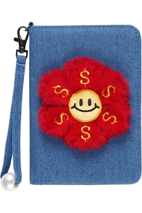 Passport Cover, with Doller Flower Design, Red Floral Plush Doll Cover Passport Wallet, Decorative Wrist Srap, Artificial Wristlet Band, Smiley , Denim Passport Holder
