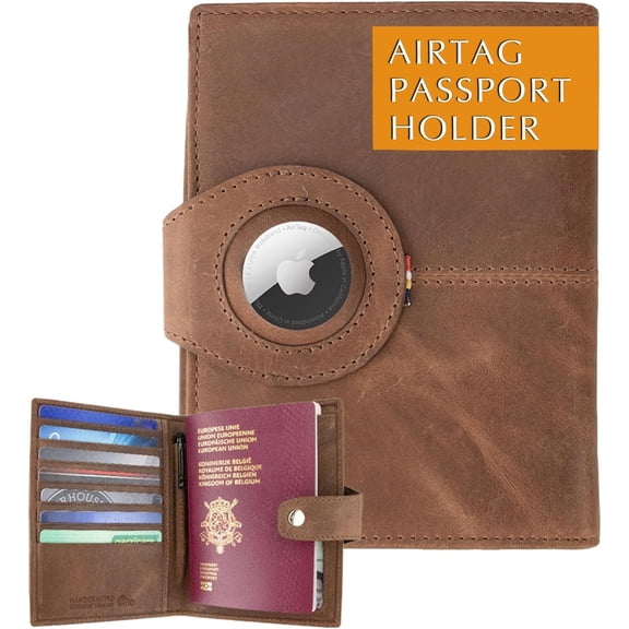 Passport Holder with AirTag, Passport Wallet with RFID, Travel Accessories, Travel Document Holder with ID Window, Leather Passport Holder for 7 Cards, Brushed Brown