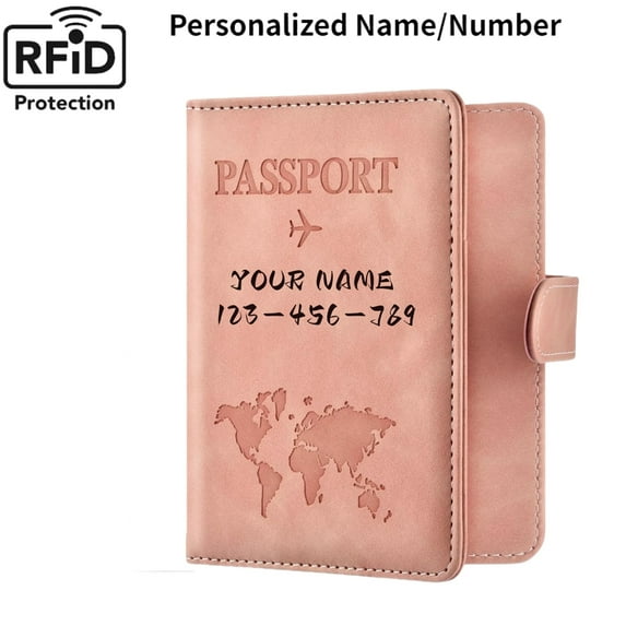 Passport Holder Covers Case, Personalized Engraved Rfid Blocking Travel Wallet Passport Holder for Women Men, Pink
