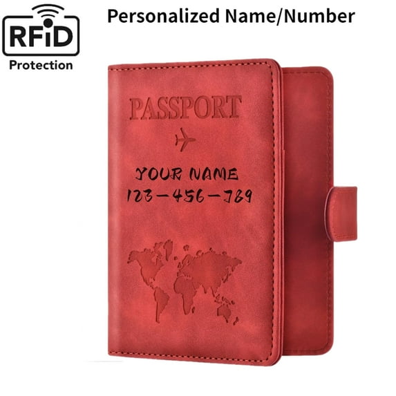 Passport Holder Covers Case, Personalized Engraved Rfid Blocking Travel Wallet Passport Holder for Women Men, Red