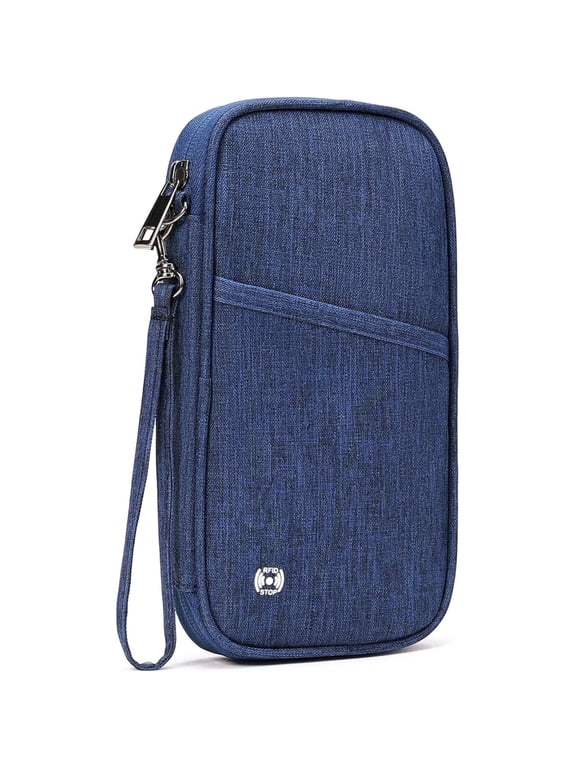 RFID Family Passport Holder Travel Document Organizer, Portable Zippered Case with Wrist Strap for Cards, ID, Boarding Passes & Cash, Dark Blue