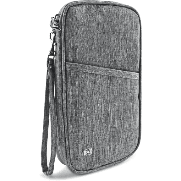 RFID Family Passport Holder Travel Document Organizer, Portable Zippered Case with Wrist Strap for Cards, ID, Boarding Passes & Cash, Gray
