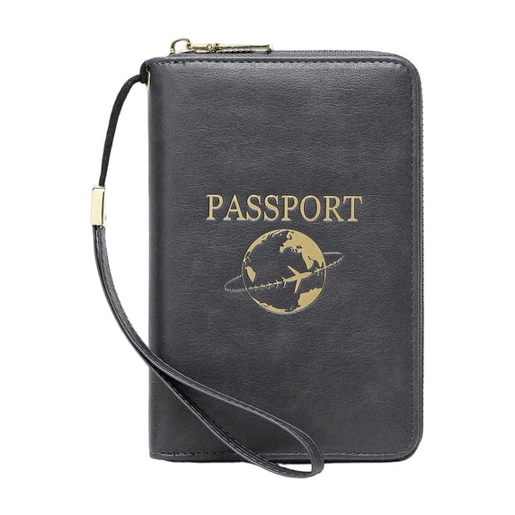 Passport Holder for Travel Essentials,Artificial Leather Cover Wallet,Passport Book Case for Women and Men,Multi-Functional Passport Wallet with Zipper & Wristlet Strap,Travel Essentials,Grey,1PC