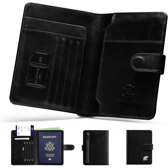 Passport Holder for Travel: Full Grain Leather Passport Cover with Airtag Holder Buckle for Men - RFID Blocking Bifold Wallet for Air Ticket Card (Black)
