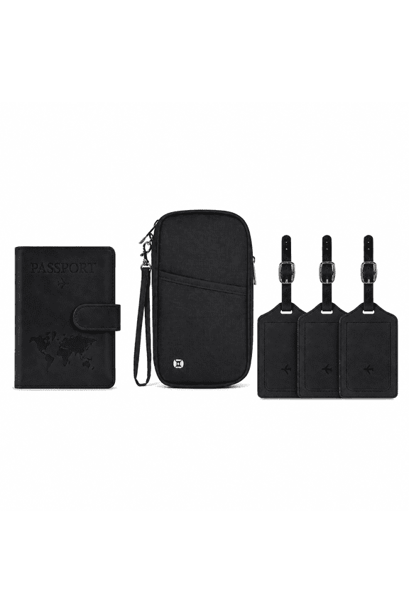 Passport Holder Travel Wallet Set, RFID Blocking Passport Wallet Cover Case with 3 Luggage Tags, Travel Document Organizer for Women & Men, Black