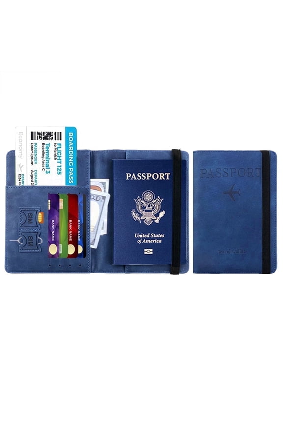 Passport Holder Wallet for Travel, RFID Blocking Leather, Blue