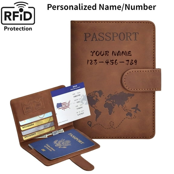 Passport Holders, Personalized Engraved Name Anti-lost Passport Card, RFID Blocking Credit Card Holder, PU Leather Passport Holders for Travel with Magnetic Buckle, Brown