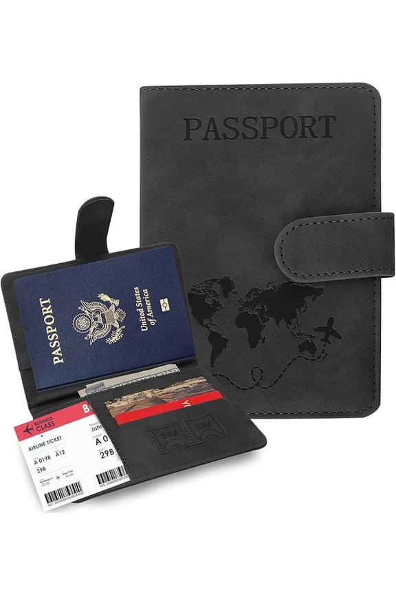 Passport Holders, RFID Blocking Credit Card Holder, PU Leather Vaccine Card Holders for Travel with Magnetic Buckle, Travel Must Haves Cruise Ship Essentials for Men, Women (Black)