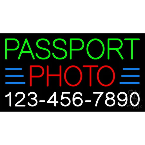 Passport Photo Blue Border with Phone Number LED Neon Sign 20 x 37 - inches, Clear Edge Cut Acrylic Backing, with Dimmer - Bright and Premium built indoor LED Neon Sign for art studio