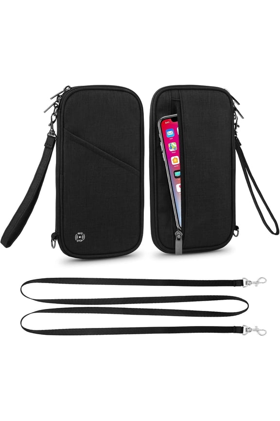 Passport Wallet, RFID Passport Holder with Vaccine Card Slot, for Family and Women & Men, Travel Document Organizer with Removable Wristlet Crossbody Strap (Black)