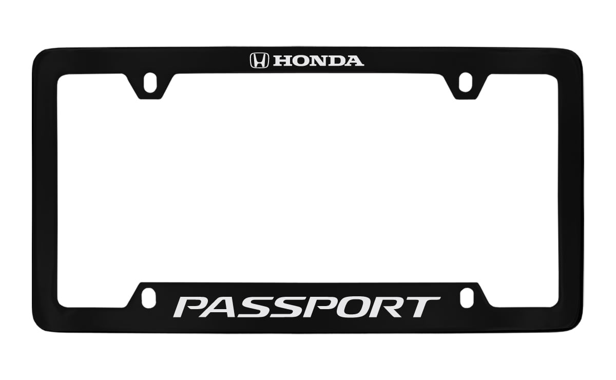 Passport wordmark with Honda logo black coated zinc metal license plate frame