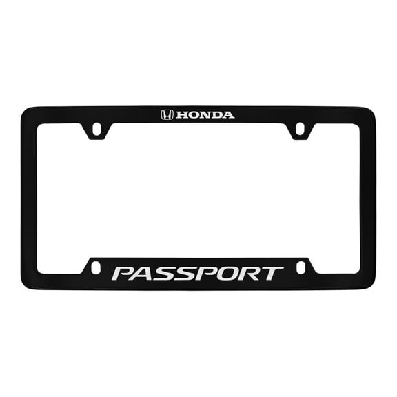 Passport wordmark with Honda logo black coated zinc metal license plate frame