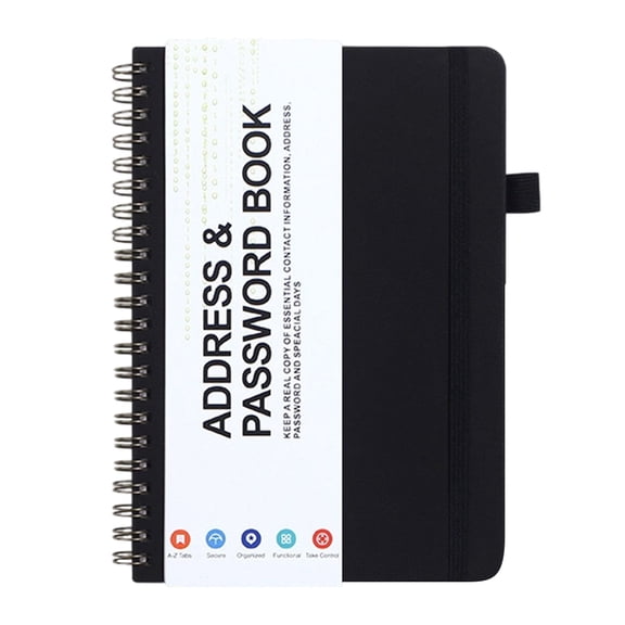 Password Address Book Coil Book, Lockable Journal with Spiral Binding, with Pen Loop, Elastic Band & Expandable Pocket for Home Office Travel