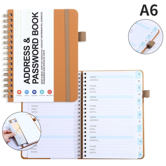 Password Address Book, Coil Bound Organizer For Personal Contacts, Password Log Book With Alphabetical Tabs For Home Office And Travel (Khaki)