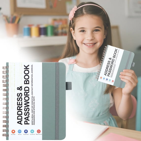 Password Book, 1 Pack Spiral Bound Password Keeper Book, 4.7'' x 5.7'' Pocket Address Book with Alphabetical Tabs, Metal Dual Coil, Pen Loop, Elastic Bandage Closure, Seniors Friendly, Green