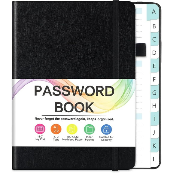 Password Book with Alphabetical Tabs, Large Password Keeper Book with Color Pages, Password Notebook Organizer for Website Logins, Gifts for Home and Work, 7" X 10", Black