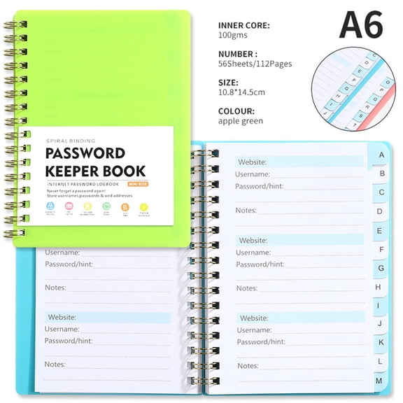 Password Book with Individual Alphabetical Tabs, 4.3"x5.7" Small Password Notebook, Spiral Password Keeper, Internet Address and Password Organizer, Password Logbook for Home Office, Light Green