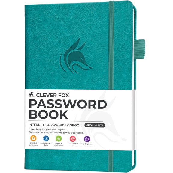 Clever Fox Password Book with Alphabetical Tabs, 5.3"x7.7 Keeper, Aquamarine