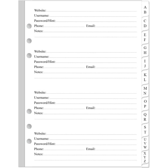 Password Book Refills for A5 Binder - A-Z Notebook Refill Paper with Alphabetical Tabs, 120gsm White Paper, 6-Hole Punehed, 5.8" x 8.3"