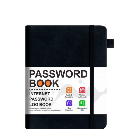 Password Book with Alphabetical Tabs, Hardcover Spiral Notebook for Internet Logins, Password Organizer for Seniors Black