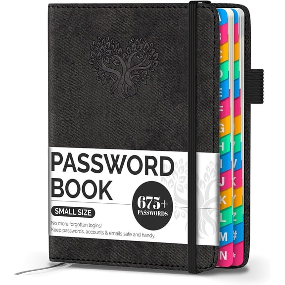 Password Keeper Book with Colorful Alphabetical Tabs, Small Internet Password Book for Seniors, Password Organizer for Website Logins (Black, 4.7''x6.2'')