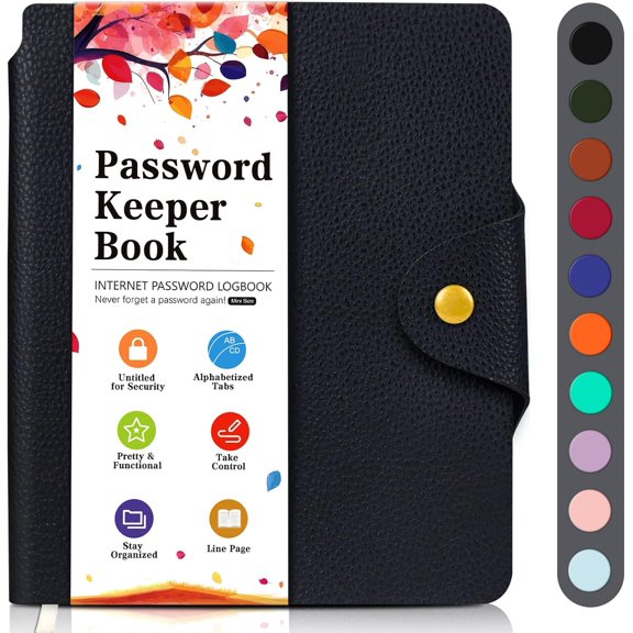 Password Keeper Book with Alphabetical Tabs, Username and Password Logbook, Small Password Notebook for Website Login (Black)