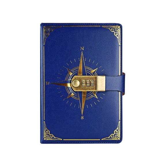 Password Lock Diary, A5 Creative Compass Design, PU Leather Journal with Combination Lock Password Notebook Locking Personal Diary (Blue)