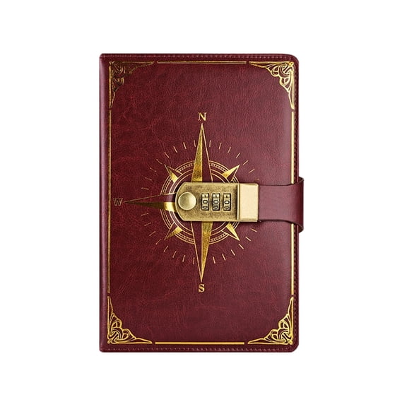 Password Lock Diary, A5 Creative Compass Design, PU Leather Journal with Combination Lock Password Notebook Locking Personal Diary (Red)